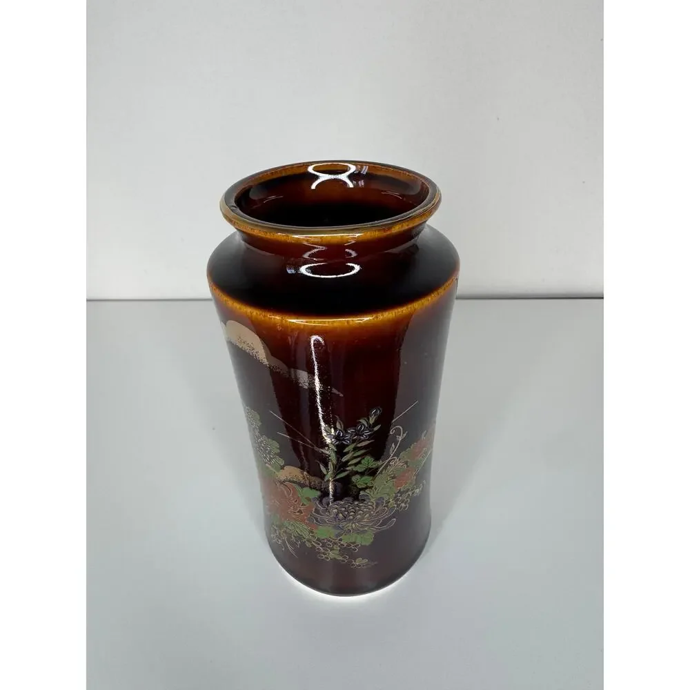 Vintage Japanese Brown Floral Chrysanthemum Ceramic Vase Hand Painted